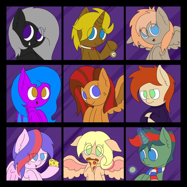 Size: 6000x6000 | Tagged: safe, artist:mrneo, derpibooru import, oc, oc:circuit, oc:dr. chrono, oc:kamer plant, oc:lavender dusk, oc:myre, oc:orchidtale, oc:raven dusk, oc:retrograde, oc:wild dreamer, unofficial characters only, bat pony, earth pony, pegasus, pony, unicorn, absurd resolution, bat pony oc, bat wings, bust, cheese, clothes, female, food, meat, mother and child, pepperoni, pepperoni pizza, pizza, pocket watch, portrait, stroopwafel, sweater, wings