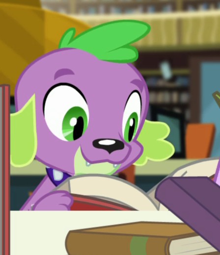 Size: 448x518 | Tagged: safe, derpibooru import, screencap, spike, spike the regular dog, dog, equestria girls, equestria girls series, forgotten friendship, book, cropped, male, puppy, reading, smiling, solo