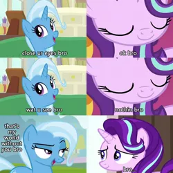 Size: 1200x1200 | Tagged: safe, derpibooru import, edit, edited screencap, screencap, starlight glimmer, trixie, pony, unicorn, bro posts, bromance, c:, comic, cute, eye contact, eyes closed, female, lesbian, lidded eyes, looking at each other, mare, meme, raised eyebrow, shipping, smiling, startrix