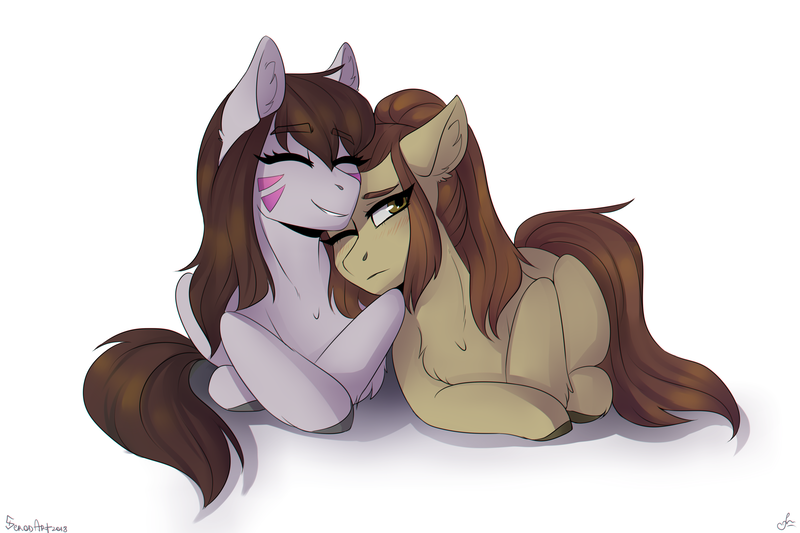 Size: 3000x2000 | Tagged: safe, artist:serodart, derpibooru import, ponified, pony, brigitte, d.va, female, lesbian, mare, mekanic, non-mlp shipping, overwatch, shipping