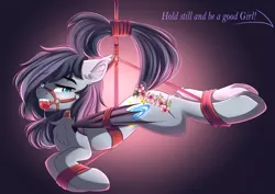 Size: 4765x3379 | Tagged: suggestive, artist:airiniblock, derpibooru import, oc, oc:andromeda galaktika, unofficial characters only, bat pony, pony, ballgag, bat pony oc, bat wings, bondage, censored, dialogue, female, gag, looking back, mare, offscreen character, patreon, paywalled alternate version, rcf community, rope, rope bondage, solo, solo female, suspended, suspension bondage, wings