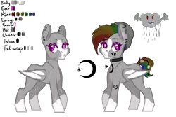 Size: 1500x1000 | Tagged: safe, artist:fulicioustm, artist:kookiebeatz, derpibooru import, oc, oc:monochrome rainbow, unofficial characters only, bat pony, pony, base used, bat pony oc, bat wings, beanie, blaze (coat marking), blushing, choker, cut, ear piercing, earring, eye scar, female, hat, heart, jewelry, mare, multicolored hair, nose piercing, piercing, rainbow hair, raised hoof, reference sheet, scar, simple background, skull, solo, tattoo, transparent background, wings