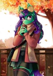 Size: 707x1000 | Tagged: safe, artist:lifejoyart, derpibooru import, oc, oc:buggy code, unofficial characters only, anthro, unicorn, anthro oc, bag, clothes, coffee, commission, cup, cute, drink, earmuffs, female, glasses, jacket, looking at you, mare, moe, scarf, skirt, smiling, socks, solo, thigh highs, tree, ych result, zettai ryouiki