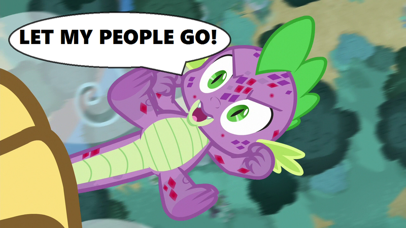 Size: 1280x720 | Tagged: airborne, angry, bible, bird, derpibooru import, dragon, edit, edited screencap, exodus, molt down, molting, moses, prince of egypt, quote, roc, safe, screencap, season 8, speech bubble, spike, spoiler:s08, stone scales, talons, text, tree, yelling