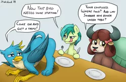 Size: 1479x965 | Tagged: suggestive, artist:strebiskunk, derpibooru import, gallus, sandbar, yona, earth pony, gryphon, pony, yak, awkward, butt, confused, dialogue, eat the booty like groceries, female, fork, gallbar, gay, gay in front of girls, holiday, imminent anal, imminent analingus, imminent sex, implied anal, implied analingus, implied erection, implied oral, implied sex, innocent, knife, licking, licking lips, male, plate, plot, presenting, quadrupedal, shipping, signature, simple background, speech bubble, table, thanksgiving, tongue out, white background