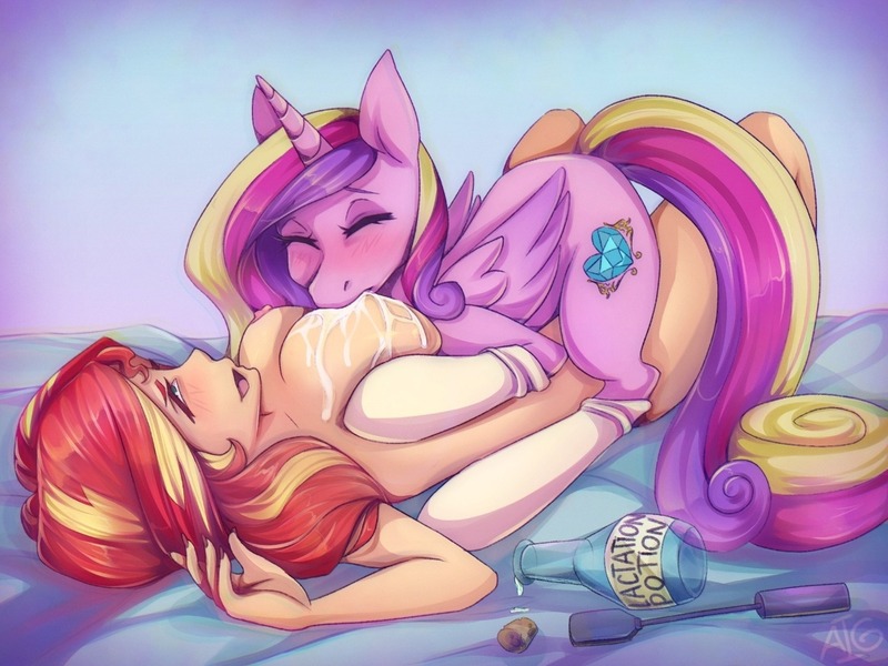 Size: 1280x960 | Tagged: questionable, artist:igazella, derpibooru import, princess cadance, sunset shimmer, alicorn, human, pony, equestria girls, bedroom eyes, big breasts, bottle, breast milk, breasts, busty sunset shimmer, clothes, female, homecunt shimmer, human female, human on pony action, humanized, interspecies, lactation, lesbian, looking at each other, mare, mare on human female, milk, nipples, nudity, on back, on top, shipping, smiling, socks, suckling, sunsetdance, wide eyes