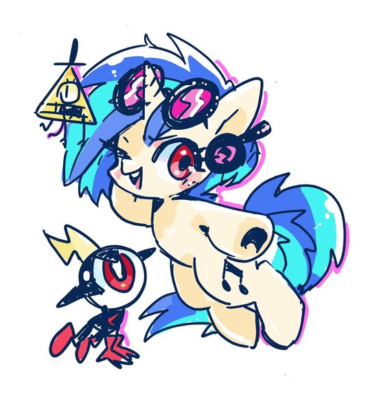 Size: 980x1098 | Tagged: safe, artist:sibashen, derpibooru import, vinyl scratch, pony, unicorn, bill cipher, commander peepers, female, glasses, gravity falls, mare, marker drawing, solo, traditional art, wander over yonder