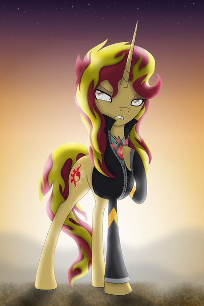 Size: 2584x3864 | Tagged: safe, artist:omnisimon11, derpibooru import, sunset shimmer, pony, unicorn, alicorn amulet, clothes, equestria girls outfit, female, high res, horn, jacket, mare, sharp horn, solo, sunset