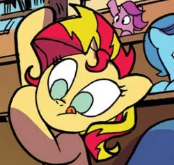 Size: 311x295 | Tagged: safe, artist:andypriceart, derpibooru import, idw, spring rain, sunset shimmer, pony, unicorn, spoiler:comic, spoiler:comic68, bleachers, cropped, cute, female, filly, foal, official comic, raised hoof, shimmerbetes, solo focus, younger