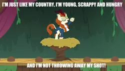 Size: 1280x720 | Tagged: safe, derpibooru import, edit, edited screencap, screencap, autumn blaze, pony, sounds of silence, caption, curtain, hamilton, image macro, impact font, my shot, nest, raised hoof, reference, solo, song reference, stage, text