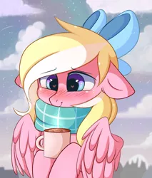 Size: 2724x3195 | Tagged: safe, artist:pesty_skillengton, derpibooru import, oc, oc:bay breeze, unofficial characters only, pegasus, pony, arm hooves, blushing, bow, clothes, coffee, commission, cute, daaaaaaaaaaaw, female, hair bow, heart eyes, hnnng, mare, ocbetes, scarf, snow, solo, weapons-grade cute, wingding eyes, ych result