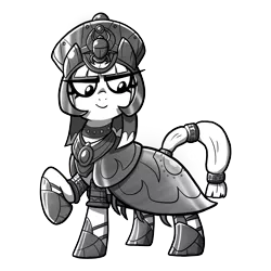 Size: 3000x3000 | Tagged: safe, artist:petirep, derpibooru import, oc, oc:high priestess tathra, unofficial characters only, beetle, insect, pony, buck legacy, armor, black and white, card art, egyptian, female, grayscale, helmet, jewelry, mare, monochrome, necklace, simple background, solo, thick eyebrows, thick eyelashes, tiara, transparent background