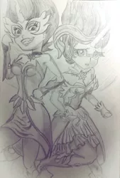 Size: 1006x1484 | Tagged: safe, artist:alienpauline483, derpibooru import, sci-twi, sunset shimmer, twilight sparkle, equestria girls, friendship games, armpits, daydream shimmer, midnight sparkle, monochrome, pencil drawing, traditional art