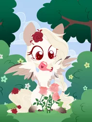 Size: 4000x5259 | Tagged: safe, artist:belka-sempai, derpibooru import, oc, unofficial characters only, pegasus, pony, bush, cloud, cute, female, flower, flower in hair, grass, lineless, mare, mouth hold, sky, smiling, solo, spread wings, tree, water, watering can, wings