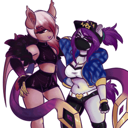 Size: 400x400 | Tagged: suggestive, artist:wickedsilly, derpibooru import, oc, oc:kala vera, oc:wicked silly, unofficial characters only, anthro, bat pony, unicorn, animated, anthro oc, bat pony oc, bat wings, clothes, gif, k/da, league, wings