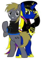 Size: 2136x2972 | Tagged: safe, artist:darkgloones, derpibooru import, oc, oc:darkgloones, oc:fifodevil, unofficial characters only, earth pony, pony, unicorn, 2019 community collab, derpibooru community collaboration, clothes, costume, hat, male, sailor uniform, simple background, stallion, transparent background, uniform