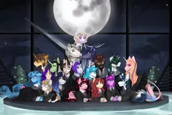 Size: 2926x1949 | Tagged: safe, artist:kingbalberith, derpibooru import, oc, oc:beau de lune, oc:brass chimes, oc:callie sea, oc:cerillia lianore, oc:comet tail, oc:dani lavensbury, oc:emilia rosegold, oc:indra, oc:lacrius, oc:lin apricity, oc:magnus, oc:novella, oc:regalia charlamane, oc:rose shine, oc:saal trevolski, oc:singing night sky, oc:star shine, oc:starry heart, oc:venus, unofficial characters only, pony, unicorn, antlers, clothes, cutie mark, ear piercing, earring, female, flowing mane, freckles, glasses, group photo, jewelry, leonine tail, looking at you, male, mare in the moon, moon, necktie, nose piercing, piercing, ponytail, smiling, uniform, window