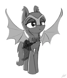 Size: 500x584 | Tagged: safe, artist:dori-to, derpibooru import, oc, bat pony, pony, armor, bat pony oc, bat wings, female, grayscale, helmet, mare, monochrome, night guard, simple background, solo, sword, weapon, white background, wings