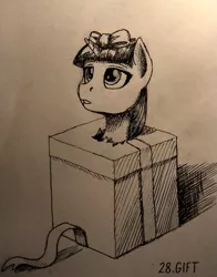 Size: 943x1200 | Tagged: safe, artist:sa1ntmax, derpibooru import, twilight sparkle, pony, bow, box, female, filly, gift wrapped, inktober, inktober 2018, monochrome, pony in a box, solo, traditional art