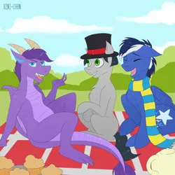 Size: 2000x2000 | Tagged: safe, artist:rinikka, derpibooru import, oc, oc:blue blaze, oc:hatter, oc:lord, unofficial characters only, dragon, earth pony, pony, unicorn, cloud, cutie mark, food, happy, hat, horns, muffin, picnic, picnic blanket