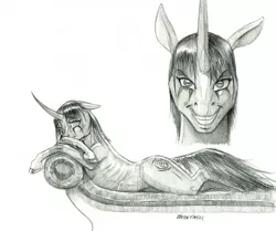 Size: 1024x858 | Tagged: safe, artist:baron engel, derpibooru import, oc, oc:prophecy, unofficial characters only, pony, unicorn, couch, curved horn, female, floppy ears, grayscale, grin, horn, mare, monochrome, multiple personality, pencil drawing, simple background, smiling, solo, story included, traditional art, white background