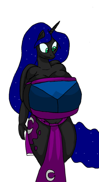 Size: 868x1585 | Tagged: anthro, artist:large-rarge, belly button, big breasts, breasts, busty nightmare moon, cleavage, clothes, derpibooru import, female, huge breasts, impossibly large breasts, loincloth, looking offscreen, nightmare moon, simple background, solo, solo female, suggestive, tanktop, white background