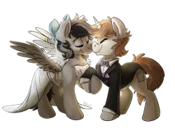 Size: 1280x1005 | Tagged: safe, artist:blitzpony, derpibooru import, oc, unofficial characters only, pegasus, pony, unicorn, boop, bowtie, chest fluff, clothes, commission, dress, ear fluff, eyes closed, female, holding hooves, horn, horn jewelry, horn ring, jewelry, leg fluff, male, mare, nose wrinkle, noseboop, raised hoof, ring, smiling, spread wings, stallion, suit, wedding dress, wing jewelry, wing ring, wings