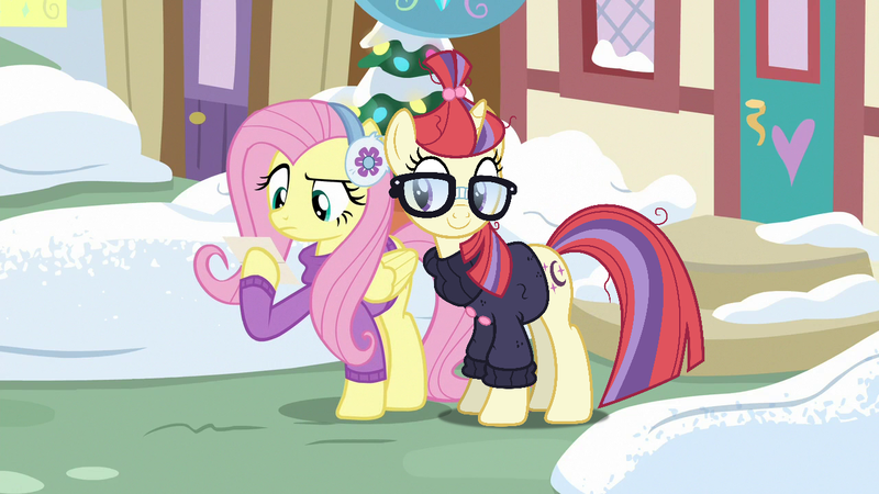 Size: 1280x720 | Tagged: safe, derpibooru import, edit, edited screencap, screencap, fluttershy, moondancer, pony, best gift ever, clothes, earmuffs, glasses, snow, sweater