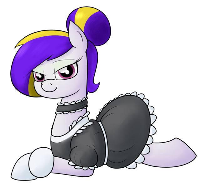 Size: 1216x1126 | Tagged: safe, artist:moonatik, derpibooru import, oc, oc:daylily, unofficial characters only, earth pony, pony, bedroom eyes, clothes, commission, dress, eyeshadow, female, gloves, hair bun, looking at you, lying down, maid, makeup, mare, seductive pose, simple background, smiling, solo, transparent background