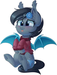 Size: 2501x3258 | Tagged: safe, artist:thegamblehorse, deleted from derpibooru, derpibooru import, oc, oc:seachell, unofficial characters only, bat pony, pony, :p, bat pony oc, bat wings, chibi, clothes, cute, fangs, female, flower, flower in hair, mare, ocbetes, silly, simple background, sitting, solo, sweater, tongue out, transparent background, wings