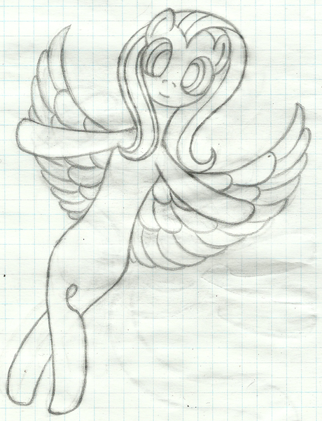 Size: 1284x1675 | Tagged: safe, artist:mfg637, derpibooru import, fluttershy, pony, flying, graph paper, lined paper, pencil drawing, simple background, sketch, solo, spread wings, traditional art, wings