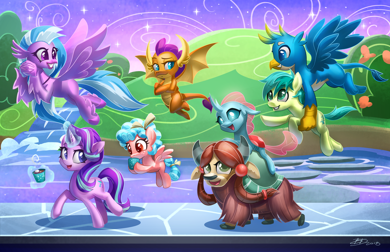 Size: 5100x3300 | Tagged: safe, artist:imdrunkontea, derpibooru import, cozy glow, gallus, ocellus, sandbar, silverstream, smolder, starlight glimmer, yona, changedling, changeling, classical hippogriff, dragon, earth pony, gryphon, hippogriff, pegasus, pony, unicorn, yak, marks for effort, absurd resolution, bow, chocolate, cloven hooves, crossed arms, dragoness, empathy cocoa, everfree northwest, female, filly, flying, food, glowing horn, hair bow, holding a pony, horn, hot chocolate, lead, magic, male, mare, monkey swings, paws, school, student six, teenager, telekinesis