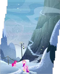Size: 1648x2030 | Tagged: safe, composite screencap, derpibooru import, edit, edited screencap, editor:frustration in excelsis, screencap, pinkie pie, princess cadance, alicorn, earth pony, pony, party pooped, duo, female, mare, mountain, snow, snowfall, yaket range