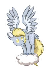 Size: 400x564 | Tagged: safe, artist:inuhoshi-to-darkpen, derpibooru import, derpy hooves, pegasus, pony, chibi, cloud, female, mare, no pupils, on a cloud, simple background, solo, spread wings, standing on cloud, white background, wings
