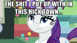 Size: 600x338 | Tagged: safe, derpibooru import, edit, edited screencap, screencap, derpy hooves, rarity, pony, best gift ever, caption, image, image macro, png, solo focus, text, the shit i put up with, tired of your shit, unamused, vulgar