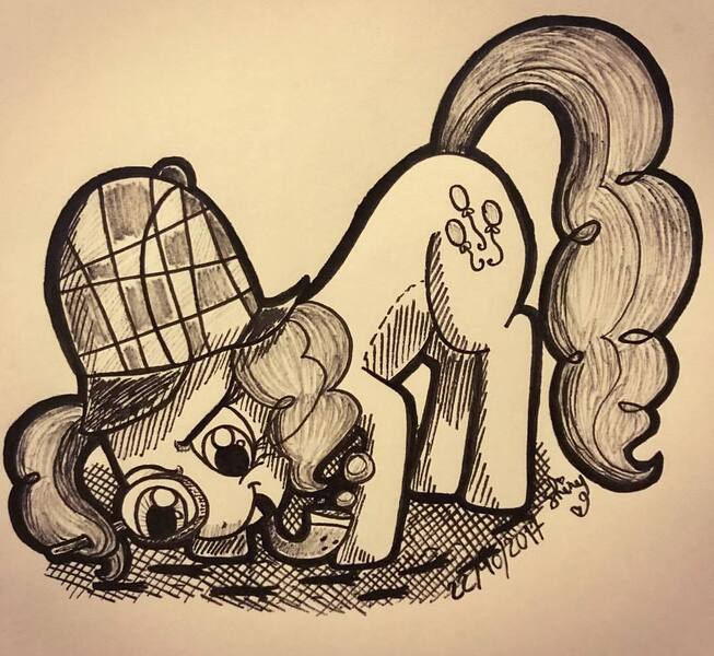 Size: 1080x993 | Tagged: safe, artist:shinycyan, derpibooru import, pinkie pie, earth pony, pony, deerstalker, detective, female, hat, ink drawing, inktober, magnifying glass, mare, monochrome, pipe, sketch, smiling, solo, traditional art