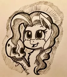 Size: 1080x1251 | Tagged: safe, artist:shinycyan, derpibooru import, petunia paleo, pony, chest fluff, female, holding, ink drawing, inktober, mare, monochrome, open mouth, sketch, skull, smiling, solo, traditional art