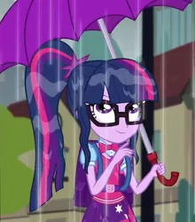Size: 950x1080 | Tagged: safe, derpibooru import, screencap, sci-twi, twilight sparkle, eqg summertime shorts, equestria girls, monday blues, backpack, clothes, cropped, cute, geode of telekinesis, glasses, looking up, magical geodes, ponytail, smiling, solo, twiabetes, umbrella, wet hair