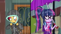 Size: 1920x1080 | Tagged: safe, derpibooru import, screencap, sci-twi, sunset shimmer, twilight sparkle, eqg summertime shorts, equestria girls, monday blues, backpack, belt, bowtie, clothes, cute, geode of telekinesis, glasses, jacket, looking down, looking up, magical geodes, ponytail, rain, skirt, twiabetes, umbrella