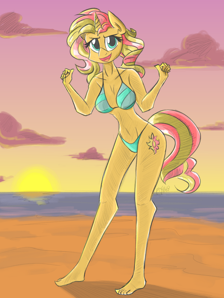 Size: 1200x1600 | Tagged: safe, artist:flutterthrash, derpibooru import, sunset shimmer, anthro, plantigrade anthro, unicorn, beach, belly button, bikini, breasts, busty sunset shimmer, clothes, sand, sun, sunset, swimsuit