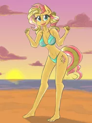 Size: 1200x1600 | Tagged: safe, artist:flutterthrash, derpibooru import, sunset shimmer, anthro, plantigrade anthro, unicorn, beach, belly button, bikini, breasts, busty sunset shimmer, clothes, sand, sun, sunset, swimsuit