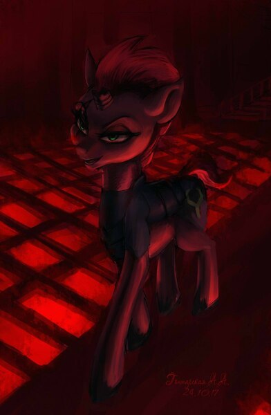 Size: 706x1080 | Tagged: safe, artist:rimmes-broose, derpibooru import, tempest shadow, pony, unicorn, armor, broken horn, eye scar, female, horn, lidded eyes, mare, scar, solo