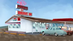 Size: 1920x1080 | Tagged: safe, artist:chiptunebrony, derpibooru import, pinkie pie, pony, 1950s, building, car, diner, parody, restaurant, retro, scenery, sign