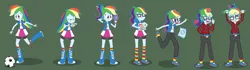 Size: 6391x1800 | Tagged: safe, artist:magerblutooth, derpibooru import, rainbow dash, equestria girls, acne, braces, chips, clothes, commission, eyes closed, fanny pack, food, football, game boy, glasses, grades, high res, image, mental shift, messy hair, mirror, nerd, nerdification, open mouth, pants, pencil, personality change, plaid shirt, png, pointing, rainbow dork, sandals, shirt, show accurate, simple background, sports, sweatpants, tongue out, transformation, transformation sequence, transforming clothes, tripping, vector, zit