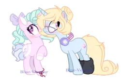 Size: 1024x680 | Tagged: safe, artist:blue-versper, derpibooru import, oc, oc:love shield twinkle, oc:nellie starlight, unofficial characters only, pony, unicorn, base used, bow, clothes, female, glasses, hair bow, headphones, mare, simple background, socks, transparent background