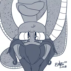 Size: 2000x2000 | Tagged: artist:binkyt11, body freckles, crossed hooves, derpibooru import, fangs, female, freckles, lamia, lamiafied, looking at you, mare, medibang paint, monochrome, namesake, oc, oc:belladonna lamia, original species, safe, simple background, solo, species swap, unamused, unofficial characters only, upside down, white background