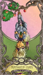 Size: 822x1425 | Tagged: safe, artist:sourcherry, derpibooru import, applejack, pony, apple, apple tree, armor, branches, clothes, flower, flower in hair, food, major arcana, ribbon, solo, tarot, tarot card, the hanged man, tree