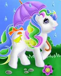 Size: 600x751 | Tagged: safe, artist:athenielle, derpibooru import, baby quackers, pony, baby, baby pony, bow, first tooth baby ponies, g1, rain, solo, tail bow, umbrella