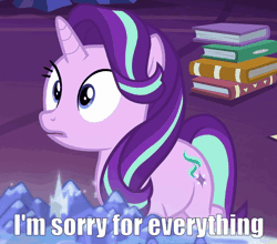 Size: 786x691 | Tagged: safe, derpibooru import, screencap, starlight glimmer, pony, unicorn, shadow play, animated, apology, book, caption, cropped, cute, cutie map, floppy ears, gif, glimmerbetes, image macro, looking down, sad, sadorable, solo, text