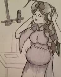 Size: 1024x1302 | Tagged: safe, artist:zalla661, derpibooru import, oc, oc:diva nuit, human, equestria girls, clothes, dress, equestria girls-ified, eyes closed, female, headphones, microphone, monochrome, multiple pregnancy, parent:coloratura, parents:canon x oc, pregnant, pregnant equestria girls, recording, recording studio, singing, solo, traditional art